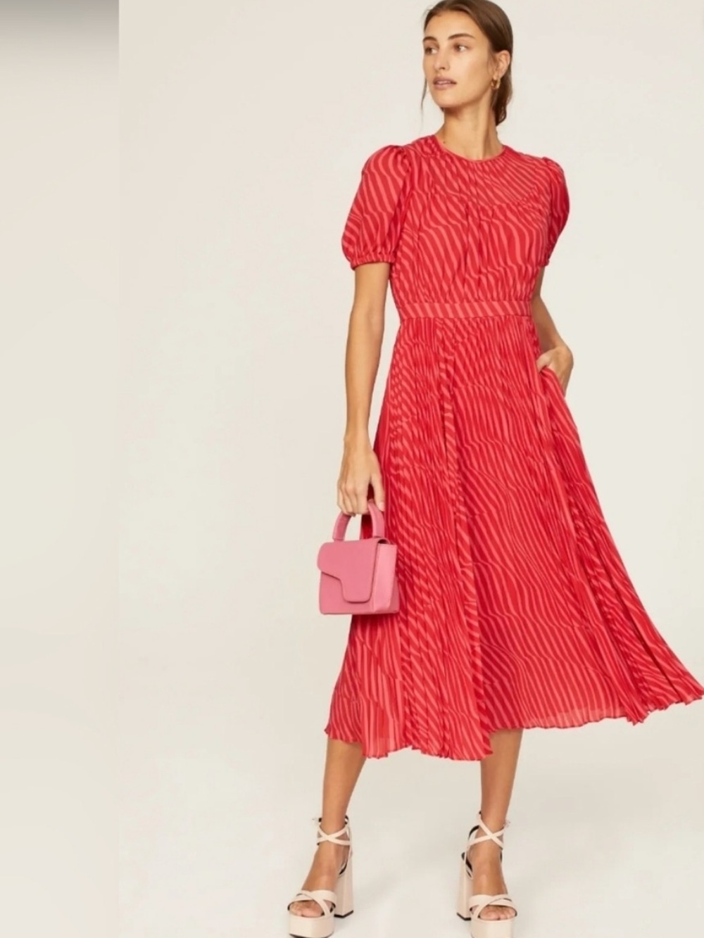 Toccin Elyse Striped Pleated Midi Dress Pink Red Wavy Stripe Puff Sleeve Women 8